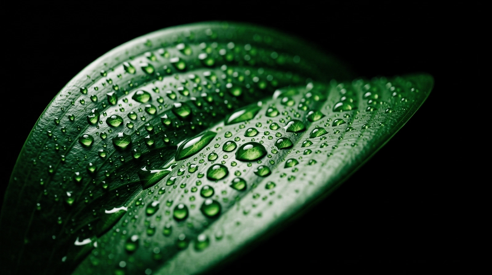 Dew-covered tropical greenery in deep emerald tones